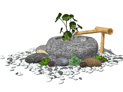 Serene Garden Ornament With Stone Basin Green Plants Bamboo Ladle Pebbles And Succulents 3d model