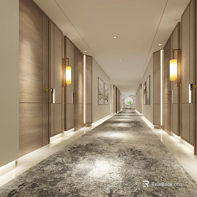 Modern Hotel Corridor Interior With Wooden Walls Lighting Carpet And Framed Artworks 3d model 