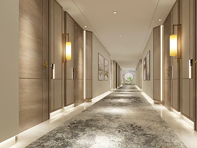 Modern Hotel Corridor Interior With Wooden Walls Lighting Carpet And Framed Artworks 3d model