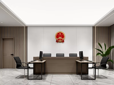 Court Interior Design Featuring National Emblem Judges' Desk Computers Chairs and Wooden Walls 3d model