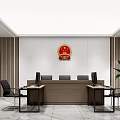 Court Interior Design Featuring National Emblem Judges' Desk Computers Chairs and Wooden Walls