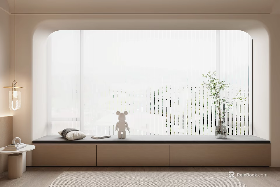Minimalist Window Seat Interior With Wooden Bench White Blinds And Decorative Items 3d model 