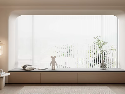 Minimalist Window Seat Interior With Wooden Bench White Blinds And Decorative Items 3d model