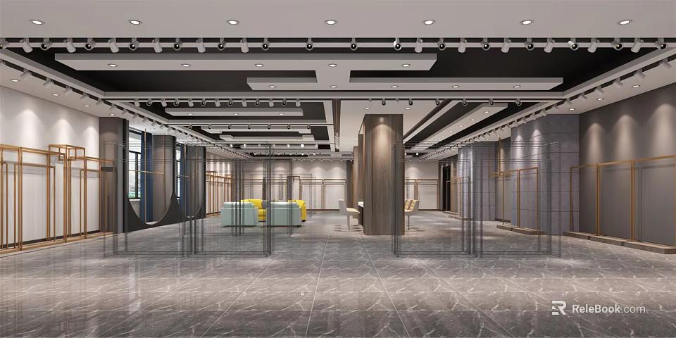 Spacious Modern Exhibition Hall Interior With Gray Marble Floor Yellow Sofas And Glass Partitions 3d model 