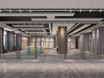Spacious Modern Exhibition Hall Interior With Gray Marble Floor Yellow Sofas And Glass Partitions 3d model