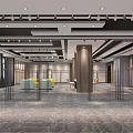 Spacious Modern Exhibition Hall Interior With Gray Marble Floor Yellow Sofas And Glass Partitions