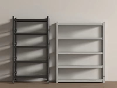 Two Black and White Shelf Units Against Light Wall With Multiple Tiers And Wooden Floor 3d model