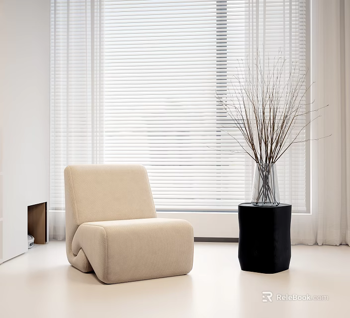 Modern Beige Single Sofa With Window Blinds Black Side Table And Dried Branches In Vase 3d model