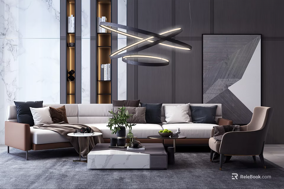 Modern Living Room Sofa and Coffee Table Set With Marble Top Cushions and Potted Plant 3d model 