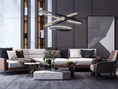 Modern Living Room Sofa and Coffee Table Set With Marble Top Cushions and Potted Plant 3d model