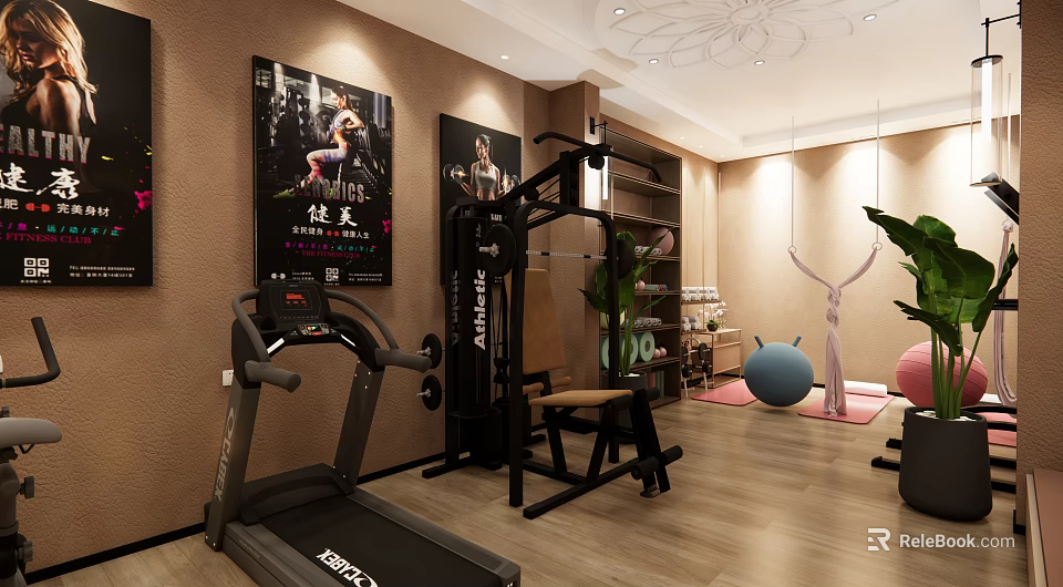 Fitness Gym Interior With Treadmill Exercise Bench Dumbbells Yoga Balls And Posters 3d model 