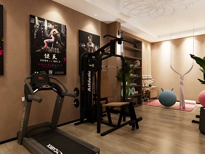 Fitness Gym Interior With Treadmill Exercise Bench Dumbbells Yoga Balls And Posters 3d model