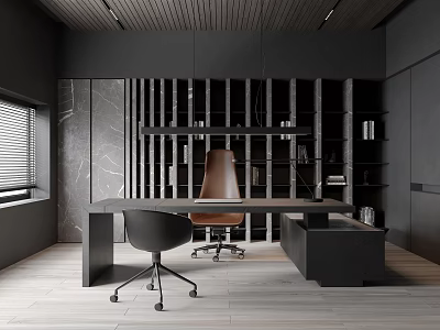Modern Open Office Interior With Desk Bookshelf Chair And Pendant Lighting 3d model