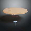 Scenic Outdoor Landscape With Octagonal Beige Umbrella Wooden Base Metal Pole And Dark Background Reflection