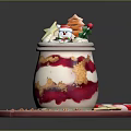 Christmas Themed Layered Dessert Jar With Cream Red Sauce Snowman Tree Decorations On Pink Tray
