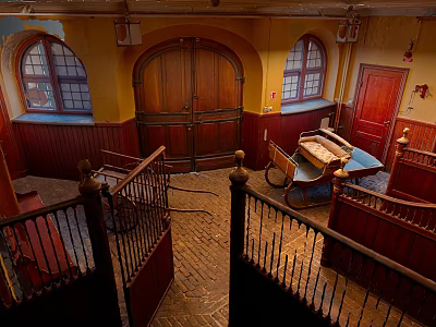 Cartoon Vintage Indoor Scene With Arched Windows Wooden Doors Carriage Staircases Yellow Walls And Red Floors 3d model