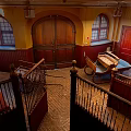 Cartoon Vintage Indoor Scene With Arched Windows Wooden Doors Carriage Staircases Yellow Walls And Red Floors