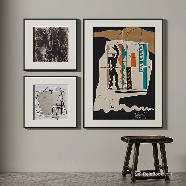 Three Abstract Paintings Hanging On Wall Modern Style With Wooden Stool In Home Decor 3d model 