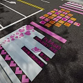 Vibrant Square Paving With Pink White Stripes Heart Patterns And Arrow Designs