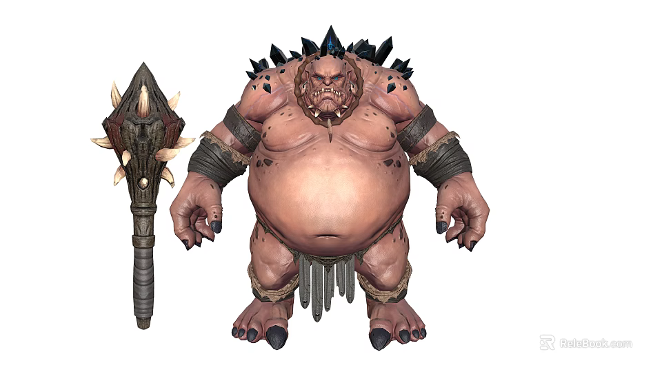 Fierce Monster Character With Spiked Back Fat Body And Rough Skin Holding Spiked Weapon 3d model 