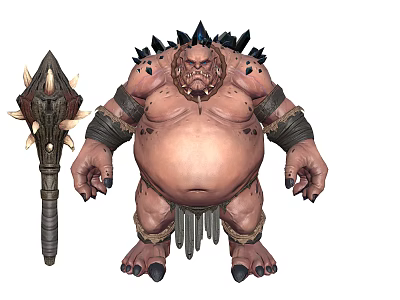 Fierce Monster Character With Spiked Back Fat Body And Rough Skin Holding Spiked Weapon 3d model