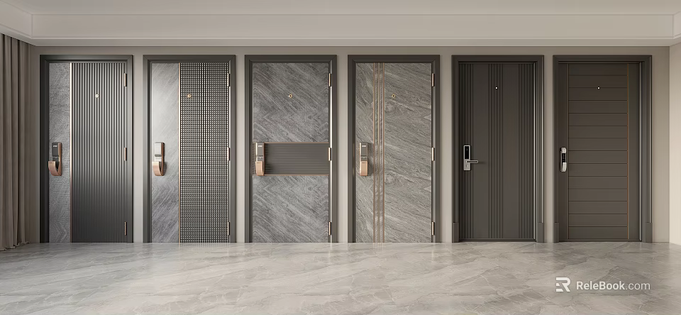 Modern Home Security Doors With Multiple Styles Grid Pattern Marble Texture And Dark Design 3d model