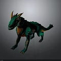 Detailed Fantasy Green Creature With Orange Horns And Scaly Body Standing In Dynamic Pose