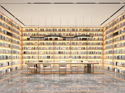 Book Filled Walls In Modern Library Reading Space With Seating 3d model