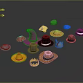 Various Colorful Hats Different Styles Including Pointed Dome Wide Brim Bowler With Decorative Details