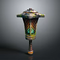 Traditional Decorative Lantern With Colored Glass Panels And Intricate Base Patterns
