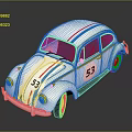White Classic Beetle Car With Red And Blue Stripes And Number 53