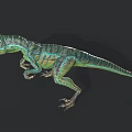 3D Velociraptor Dinosaur Model With Green Blue Striped Skin On Black Background