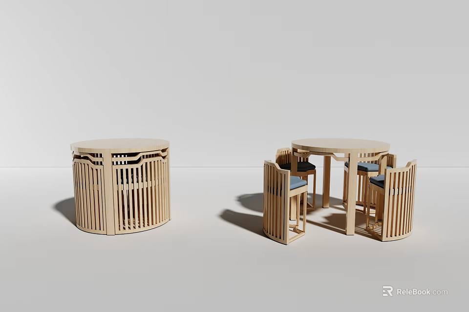 Natural Wooden Round Dining Table Set With Lattice Design And Blue Cushioned Chairs 3d model 