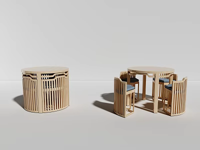Natural Wooden Round Dining Table Set With Lattice Design And Blue Cushioned Chairs 3d model