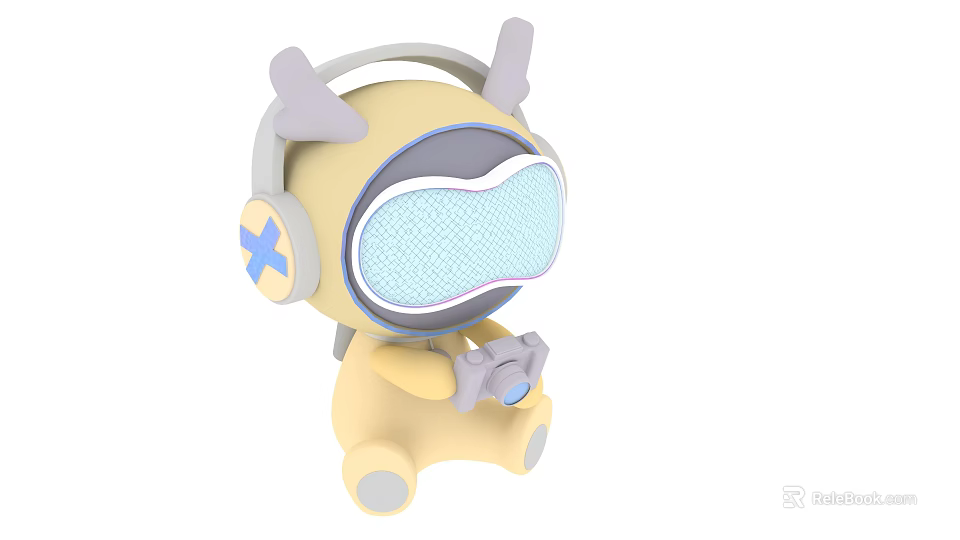 Yellow Gaming Doll with Headphones Goggles Holding Game Controller and Small Horns 3d model 