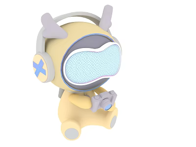 Yellow Gaming Doll with Headphones Goggles Holding Game Controller and Small Horns 3d model