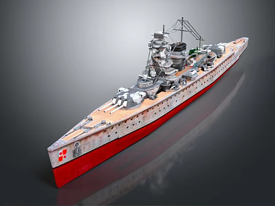 Large Naval Battleship Featuring Intricate Superstructure Multiple Artillery Guns Red White Hull And Wooden Deck 3d model
