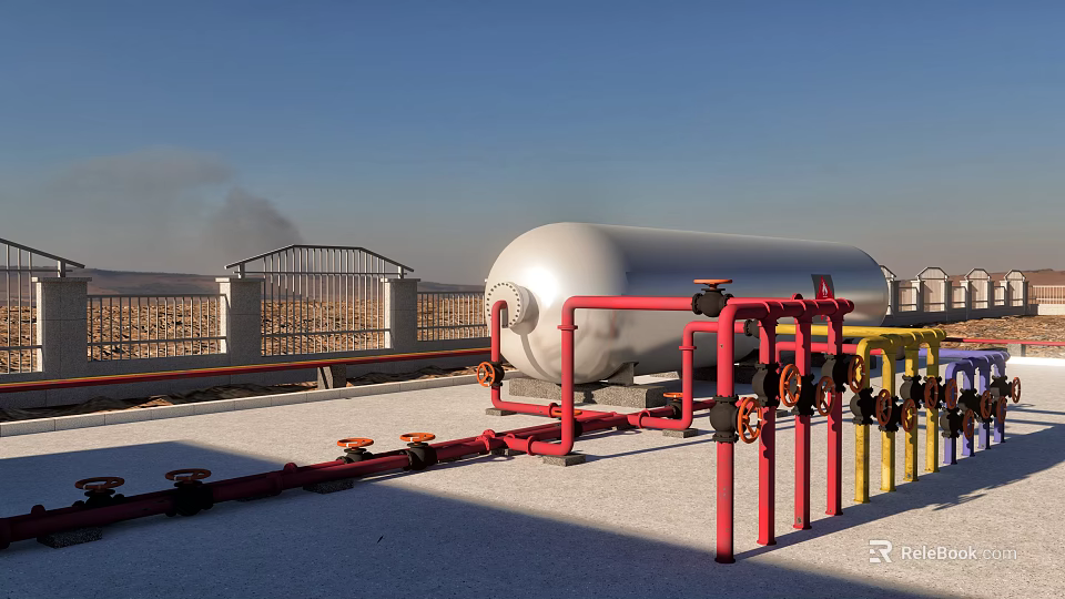 Red and Yellow Industrial Pipes With Large Silver Tank Under Blue Sky At Outdoor Facility 3d model 