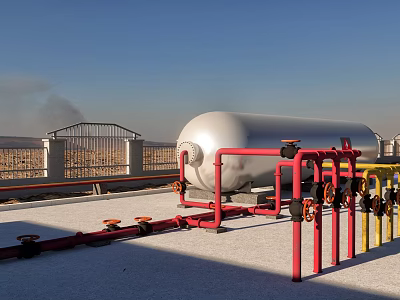 Red and Yellow Industrial Pipes With Large Silver Tank Under Blue Sky At Outdoor Facility 3d model
