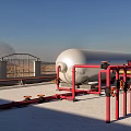 Red and Yellow Industrial Pipes With Large Silver Tank Under Blue Sky At Outdoor Facility