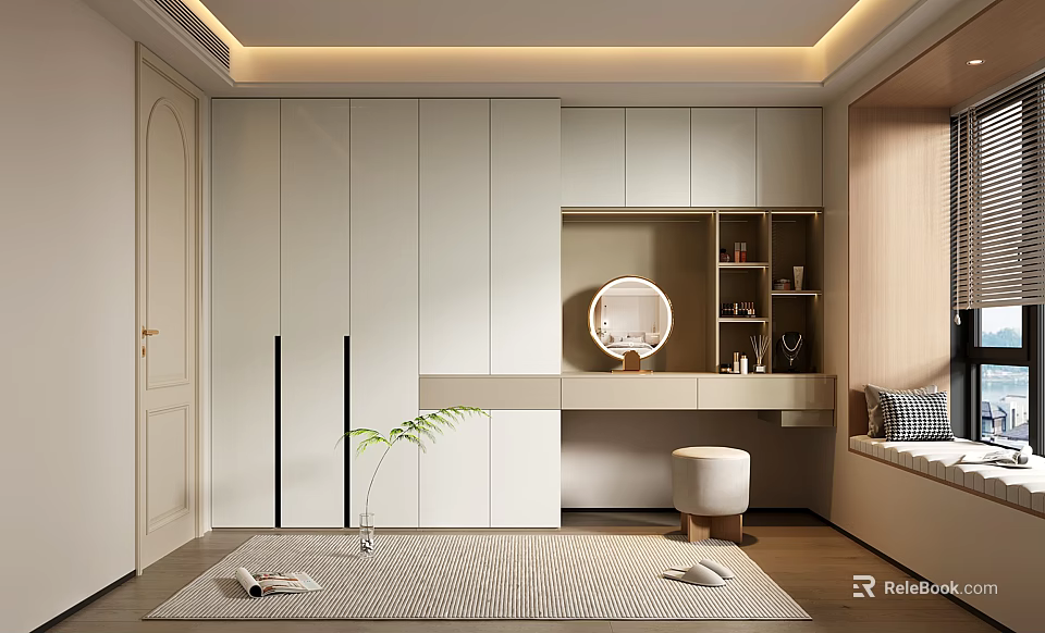 Modern Cream White Wardrobe With Integrated Dressing Table And Ample Storage For Cozy Bedroom 3d model 
