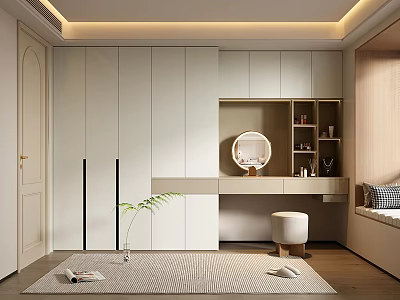Modern Cream White Wardrobe With Integrated Dressing Table And Ample Storage For Cozy Bedroom 3d model