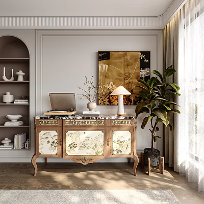 Modern Luxury Console Cabinet With Marble Top Floral Patterns Green Plant And Wall Art Decor 3d model
