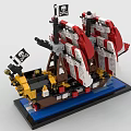 Building Blocks Pirate Ship With Red White Sails Skull Flag Detailed Hull On Blue Base