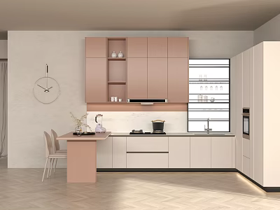 Modern Kitchen Interior With Pink And White Cabinets Glass Front Storage And Dining Table 3d model