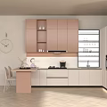 Modern Kitchen Interior With Pink And White Cabinets Glass Front Storage And Dining Table