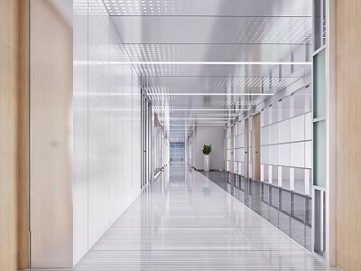 Modern Office Corridor Interior Design With Sleek Floor Green Plant And Glass Partitions 3d model