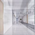 Modern Office Corridor Interior Design With Sleek Floor Green Plant And Glass Partitions