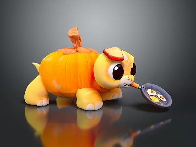 Cute Game Character Turtle With Pumpkin Shell Red Hat Holding Frying Pan And Fried Egg 3d model
