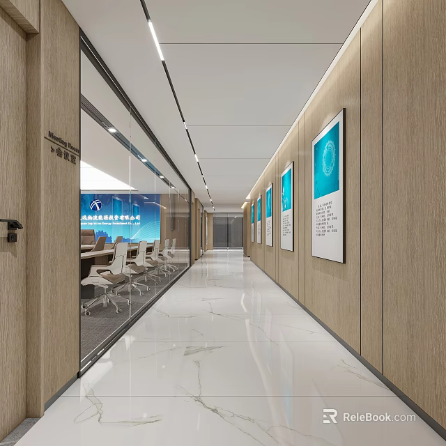 Modern Office Corridor With Wooden Walls Blue Posters White Marble Flooring And Ceiling Lights 3d model 